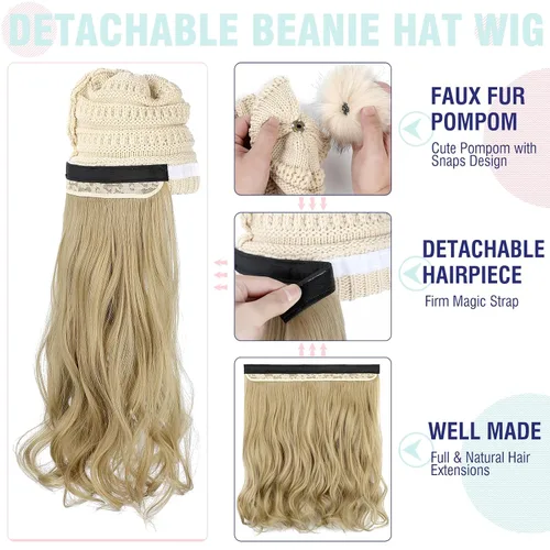 Vista 4 de Gorro Peluca Gorro de Lana con Cabello Extensiones Largas Onduladas Gorro de Punto con Pompón Adjunto de 20" Pieza de Cabello Sintética Removible