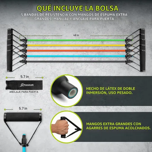 Vista 2 de ProSource Xtreme Stackable Heavy Duty Premium Latex Resistance Exercise Bands Tubes Cords w/Door Anchor and Exercise Manual Surtido - Nivel