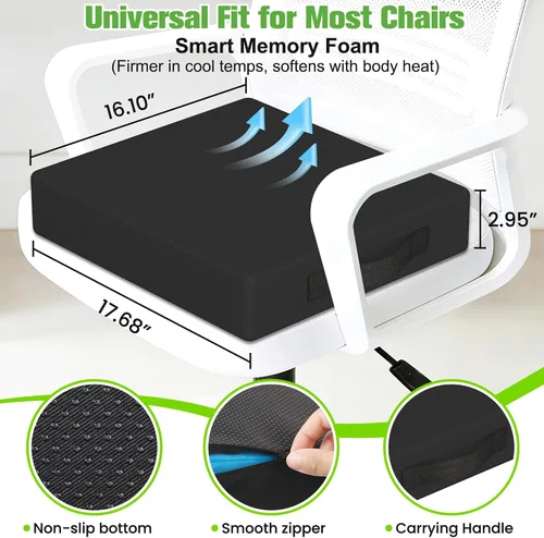 Vista 3 de Cojín de asiento para sillas de oficina, cojín de espuma viscoelástica con núcleo estampado para apoyo uniforme, alivio de espalda, coxis y ciática