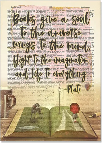 Vista 4 de Cartel artístico con cita de Platón, con texto en inglés "Books Give A Soul To the Universe", sin marco, página de diccionario literario vintage