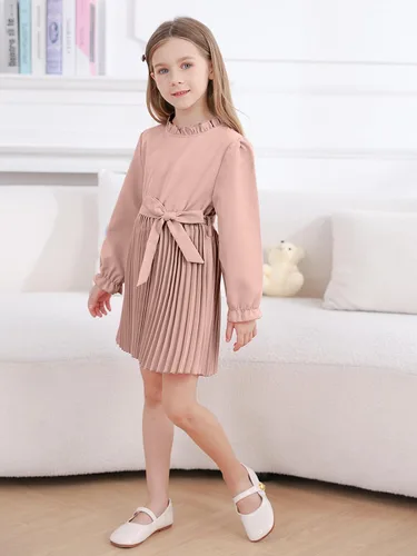 Vista 2 de Kimoda Vestidos de otoño para niñas pequeñas, 2-6T, vestidos para niña pequeña, cuello con volantes, plisado, vestido casual para niñas