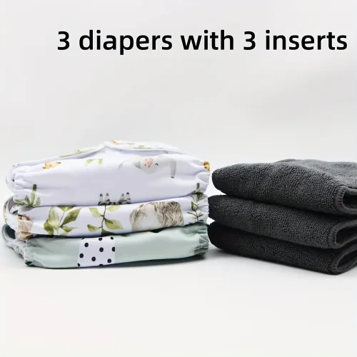 Vista 8 de 3 unidades de pañales de tela reutilizables con diseño de sujetadores de gancho y bucle con 3 insertos de microfiador (estampados de animales)