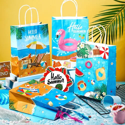 Vista 6 de Pajean Bolsas de papel para fiesta en la playa, bolsas de regalo de dulces de piscina de verano para Luau Tropical Beach Party Favores Suministros