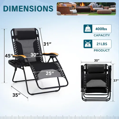 Vista 3 de MFSTUDIO Sillas Zero Gravity, silla reclinable de gran tamaño para patio, silla plegable acolchada con bandeja portavasos, soporta 400 libras