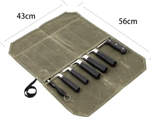 Vista 2 de Rollo de cuchillo, bolsa de rollo de cuchillo de chef, estuche de lona encerada para cuchillos con 7 ranuras, envoltura portátil para cuchillos