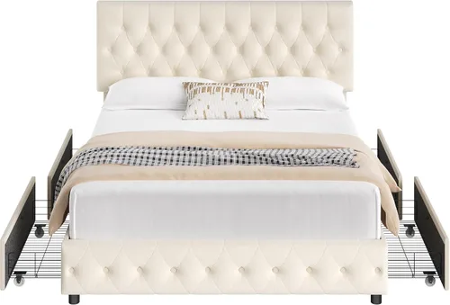 Vista 7 de Marco de cama tapizado moderno con 4 cajones de almacenamiento, diseño de cabecera con botones, soporte de listones de madera maciza, fácil montaje