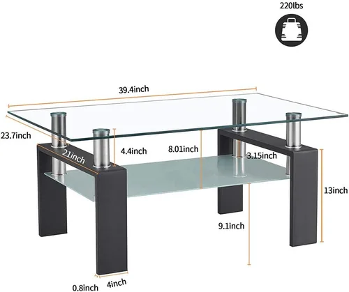 Vista 8 de Mesas de café para sala de estar, estante de almacenamiento de 2 capas rectangular de cristal para té negro