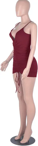 Vista 4 de Ekaliy Minivestido sexy sin mangas con cuello en V para mujer, color liso, fruncido, con tirantes delgados, para fiesta, club, color rojo vino