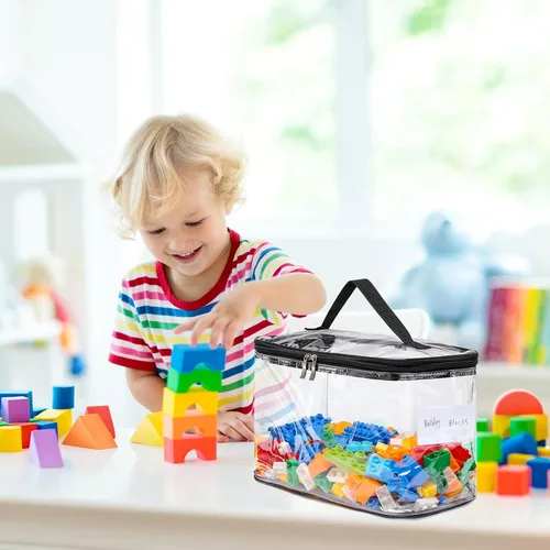 Vista 3 de Paquete de 4 bolsas de almacenamiento grandes transparentes para juguetes con etiqueta de nombre, funda organizadora de juguetes de PVC impermeable