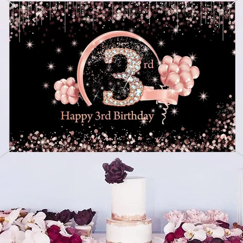 Vista 3 de Cartel de tela para decoración de cumpleaños de 3 años para niñas de 3 años, cartel de tela para cumpleaños de niña, fondo fotográfico negro y rosa
