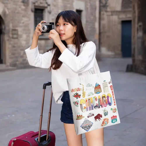 Vista 3 de Bolsas de lona Chicago de 9 piezas, regalo de recuerdo, bolsa de compras para regalos de viaje