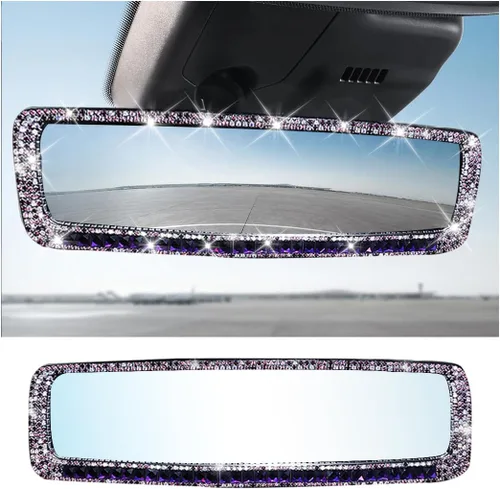 Vista 7 de AUCELI Espejo retrovisor para automóvil, espejo retrovisor interior con diamantes de imitación brillantes con vidrio HD, espejo retrovisor con clip