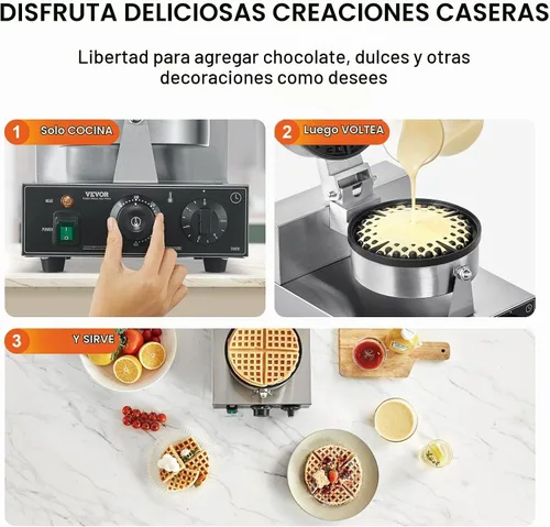Vista 6 de VEVOR Gofrera Comercial, Máquina de Waffles Redonda de 1230W, Plancha de Waffles Belga Antiadherente de Acero Inoxidable con Control de Temperatura