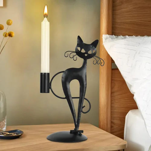 Vista 3 de Candelabro cónico de gato negro para velas LED sin llama, candelabro retro rústico de metal para decoración de gato para centro de mesa, mesa