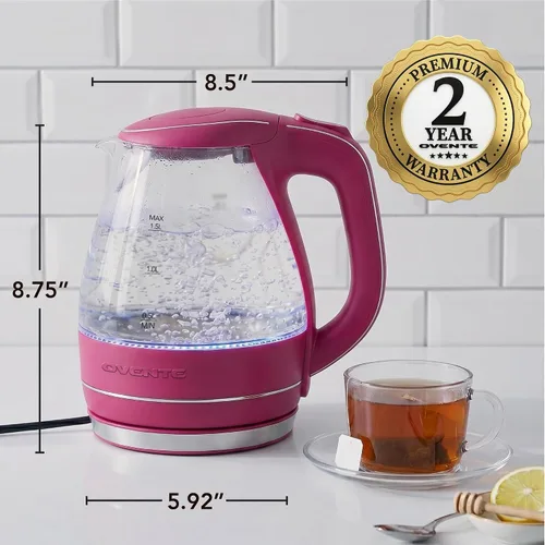 Vista 6 de OVENTE Hervidor Eléctrico, 1.5L de Vidrio de Borosilicato para Encimera, Calentador y Hervidor de Agua para Café o Té, Libre de BPA, Apagado Rosa