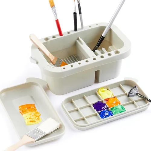 Vista 9 de SEVENY Limpiador de pinceles, soporte y organizador con paleta, azul Bandejas y Enjuagador Incluido, Para Pintura Acrílica, Para Pinturas De