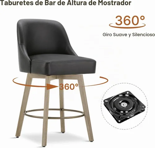Vista 7 de Juego de 2 taburetes de bar de altura de mostrador, modernos taburetes de bar giratorios con respaldo y patas de madera, sillas de bar tapizadas