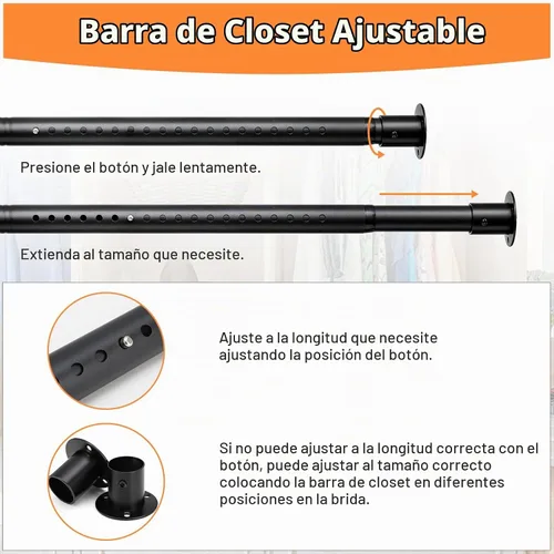 Vista 3 de Barras de armario para colgar ropa, barra de armario resistente de 17 a 27 pulgadas, barra ajustable para colgar ropa, barra de cortina de ducha