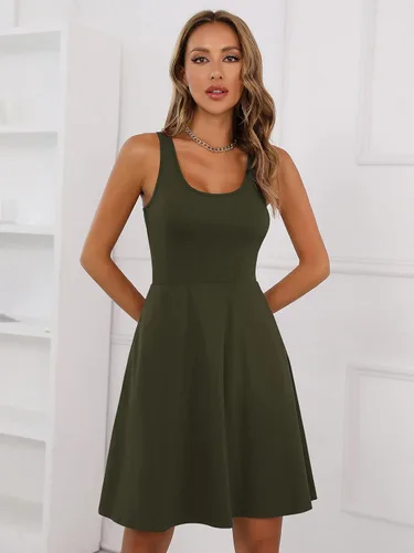 Vista 4 de Missufe Vestido para mujer, sin mangas, con espalda cruzada, acampanado, casual, liso
