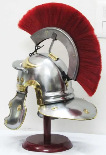 Vista 7 de Casco de caballero medieval centurión romano armadura guerrero metal rojo pluma con forro