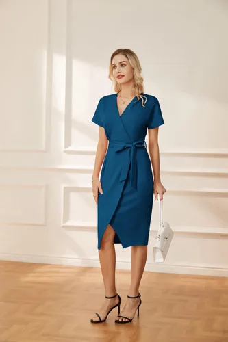 Vista 7 de GRACE KARIN Vestido de negocios de manga corta con cuello en V para mujer, con lazo en la cintura, vestido de cóctel con abertura, vestido midi