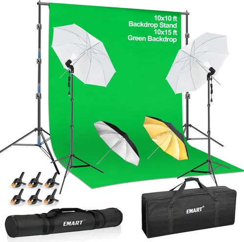 Vista 8 de EMART Sistema de soporte de fondo de 6.5 x 10 pies, kit de iluminación profesional para fotografía con foco CFL de 45 W, paraguas, fondo de 6 x 9