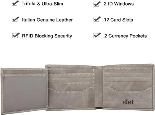 Vista 4 de Billetera para hombrecon RFID bloqueo plegable en 3, piel genuina, cartera con 2ventanas para identificación