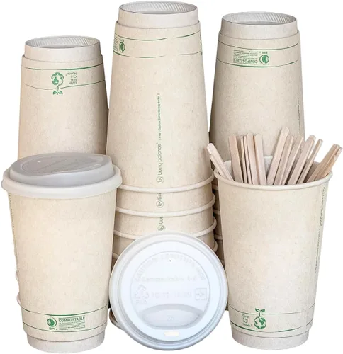 Vista 10 de Living Balance - Tazas de café compostables certificadas con tapas, 12 onzas, paquete de 100 con agitadores y mangas integradas, resistentes