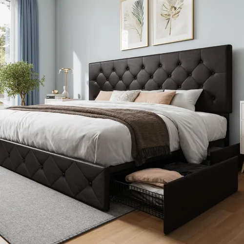 Vista 22 de WEEWAY Base de cama de plataforma de tamaño matrimonial con 4 cajones de almacenamiento, cabecera capitonada con botones de costura de diamante