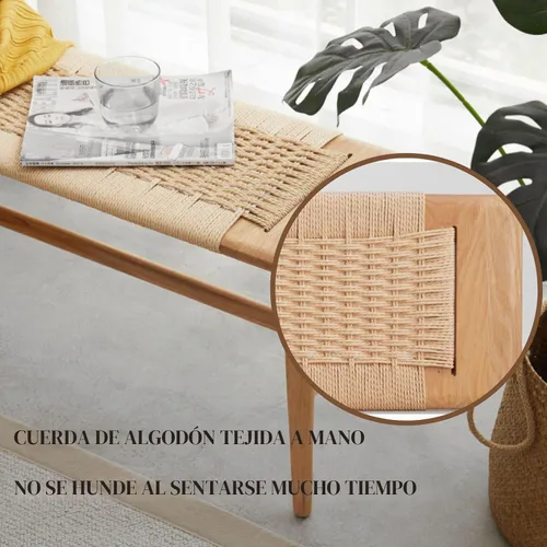 Vista 3 de Banco 100% de madera de roble macizo, diseño tejido a mano, construcción sólida de mortaja y espiga, estructura sólida de patas de silla, bancos