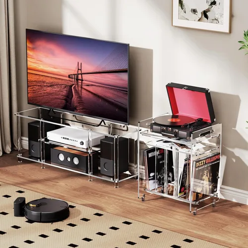 Vista 5 de Soporte de acrílico para tocadiscos con estante de almacenamiento, soporte para tocadiscos de vinilo transparente, mesa auxiliar de 3 niveles