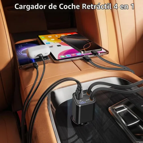 Vista 9 de Apple MFi Certified Retractable Car Charger, 120W PD/QC USB C Car Charger Linocell 4 in 1 Car Phone Charger Type C Fast Charging Cigarette Lighter