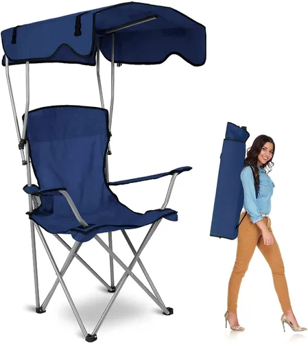 Vista 12 de TeqHome Silla de campamento con toldo de sombra, silla de césped plegable resistente con soporte para tazas, protección solar UPF 50+, silla