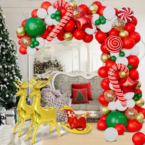 Vista 6 de Kit de arco de guirnalda de globos de Navidad con globos de trineo con lentejuelas rojas, doradas, blancas, verdes, doradas, estrellas, alces