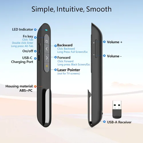 Vista 7 de Norwii Clicker de presentación Bluetooth recargable con puntero verde, presentador inalámbrico, control remoto de presentación de PowerPoint, clic