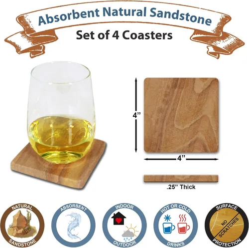 Vista 6 de Posavasos de piedra arenisca absorbente natural, protege los muebles, uso en interiores y exteriores, cuadrado de 4 pulgadas (paquete de 4)