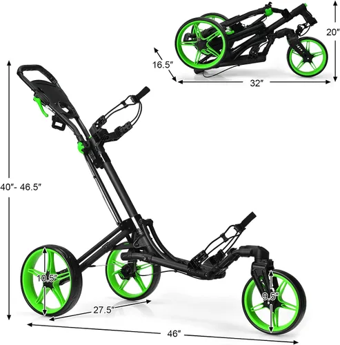 Vista 7 de GYMAX Carrito de golf plegable con rueda delantera giratoria, carrito de golf ajustable de 3 ruedas, carrito de golf compacto fácil de plegar