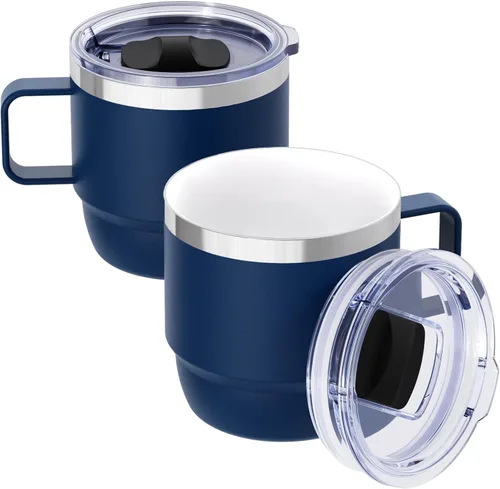 Vista 13 de Taza de café pequeña de 8 onzas con tapa deslizante magnética y asa, acero inoxidable 18/8 con forro de cerámica, doble pared aislada al vacío