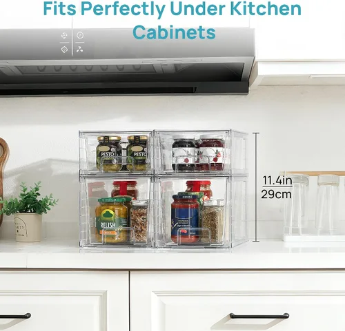 Vista 7 de Vtopmart Paquete de 4 cajones de almacenamiento apilables transparentes, para debajo del fregadero y la cocina, cajones de plástico fáciles