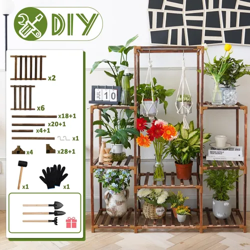 Vista 6 de Uneedem Soporte para plantas para interiores y exteriores, estante alto para múltiples plantas, 8 niveles, 12 macetas, estante grande de madera