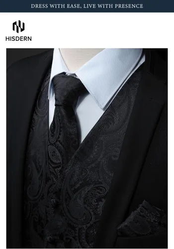 Vista 4 de HISDERN Conjunto de 3 piezas de chaleco formal para hombre, chaleco formal de cachemira floral jacquard corbata bolsillo cuadrado chalecos