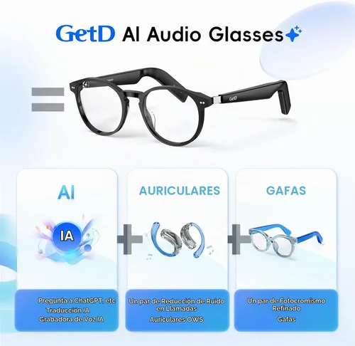 Vista 2 de Gafas inteligentes GetD AI, lentes fotocrómicas, gafas de traducción Bluetooth Lente fotocromática