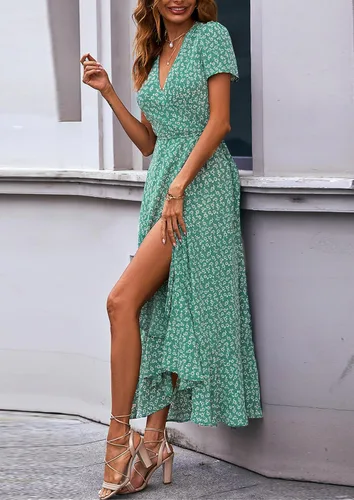 Vista 9 de PRETTYGARDEN - Vestido largo de verano cruzado para mujer, con cuello en V, estilo bohemio, floral, manga corta, dobladillo con volantes