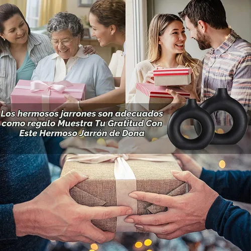 Vista 5 de Juego de 2 jarrones de cerámica, moderno jarrón redondo negro rústico para decoración del hogar, diseño de cerámica en forma de dona aplicable