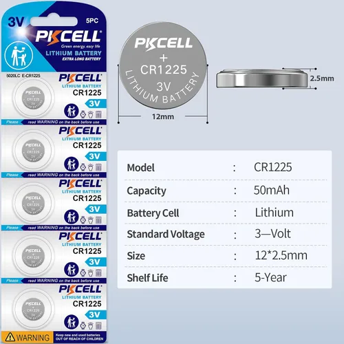 Vista 2 de PKCELL CR1225 batería de litio de 3 V, modelo CR 1225, pilas de botón para termómetro, vida útil de 5 años (5 unidades) Compatible con termómetro