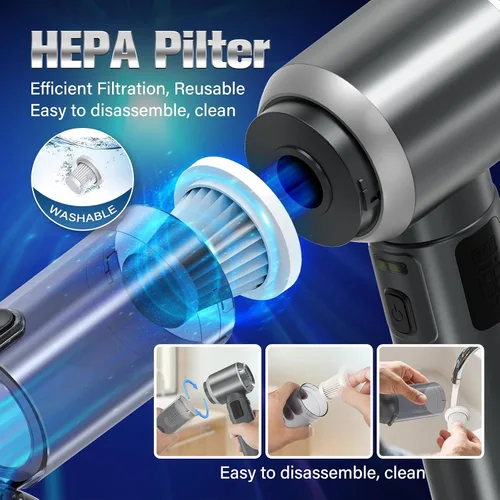 Vista 5 de Aspiradora de mano 4 en 1 inalámbrica y plumero de aire, 28000 pa de potencia de succión portátil inalámbrica, mini aspiradora con pantalla digital
