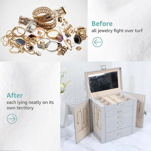 Vista 5 de Joyero para mujer, organizador grande de 6 capas con cerradura y 5 cajones para almacenamiento de joyas, joyero grande para regalo de Navidad