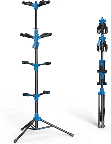 Vista 6 de Salvori Soporte plegable doble para guitarra con sistema de bloqueo automático y trípode sólido, soporte/soporte/estante doble/múltiple para bajo