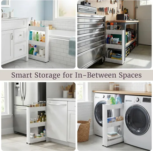 Vista 7 de Lavish Home Carrito con ruedas de 3 niveles, carrito organizador de estantes de cocina o baño de espacio estrecho, estantes de almacenamiento
