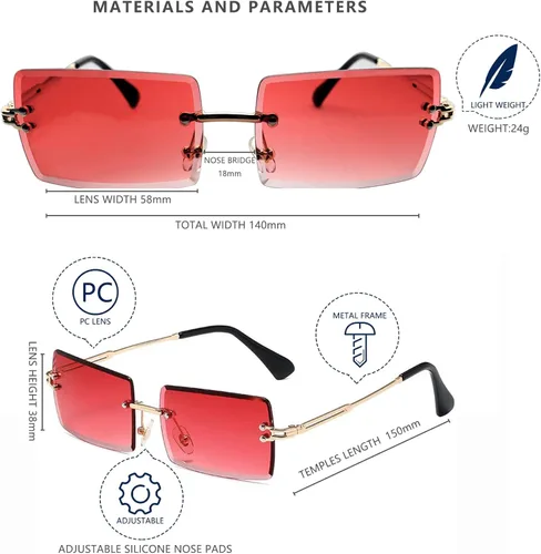 Vista 6 de LASPOR Gafas de sol rectangulares sin montura retro para mujeres y hombres lentes teñidas de metal dorado sin marco gafas cuadradas vintage